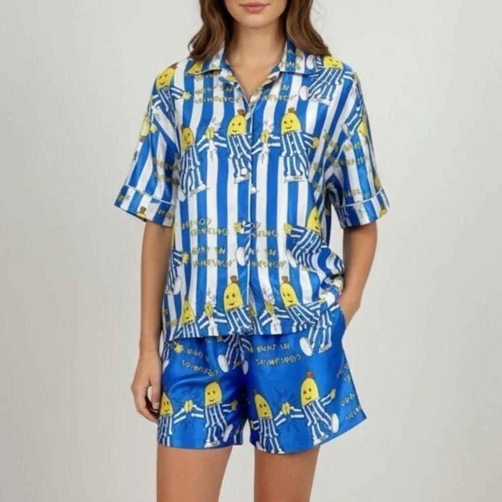 VINTAGE 90s Davenport Bananas in Pyjamas Polyester Satin Stripe Pajama Short Set